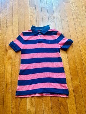 Polo Ralph Lauren Boys Polo Shirt Size 7 Pink Navy Striped Short Sleeve Classic